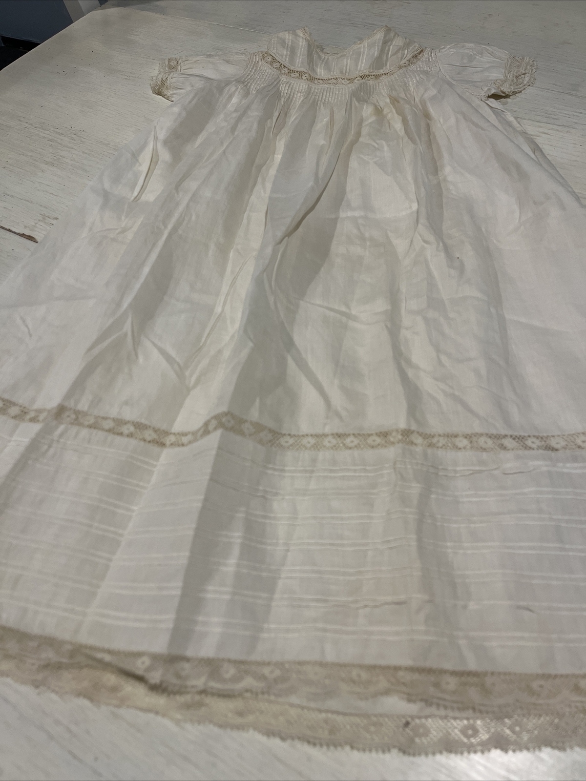 Antique Hand Sewn Baby Christening Gown Ivory W/ Lace… Gem