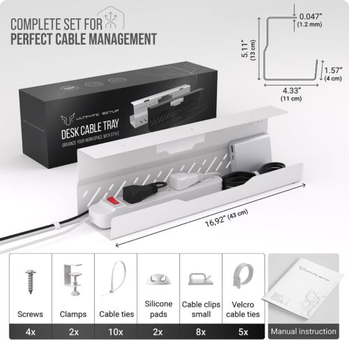 No-Drill Under Desk Cable Tray – Cable & Cord Organizer (White, 1 Piece) - Picture 6 of 7