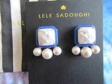 LELE SADOUGHI  Paddle Button Blue Cobalt Square Pearl Stud Earrings NWT
