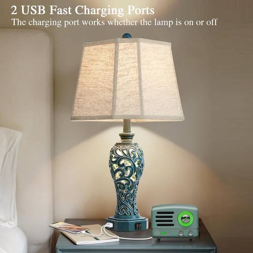 25'' Farmhouse Table Lamps Set of 2 for Living Room Bedroom, 2 USB Ports Coastal - Picture 2 of 7