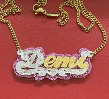 PERSONALIZED 14K GP 3D  SCRIPT NAME PLATE NECKLACE ANY NAME WITH ONYX /z1