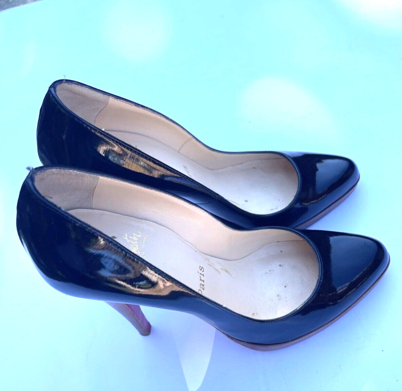 CHRISTIAN LOUBOUTIN Declic 120 Veau Velours Black Patent Heels Shoes 38.5 Eur
