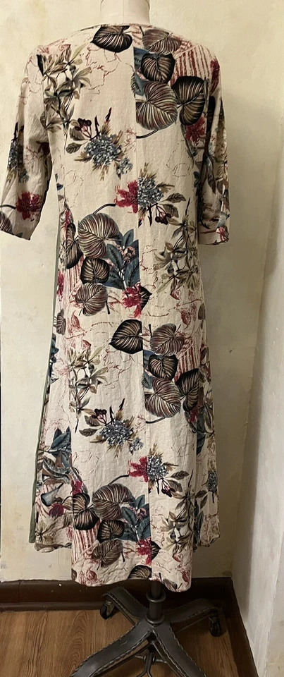 "Vestido vintage de tela de corteza 38"" pecho hojas tropicales verde beige verde poli" Foto 3 de 4