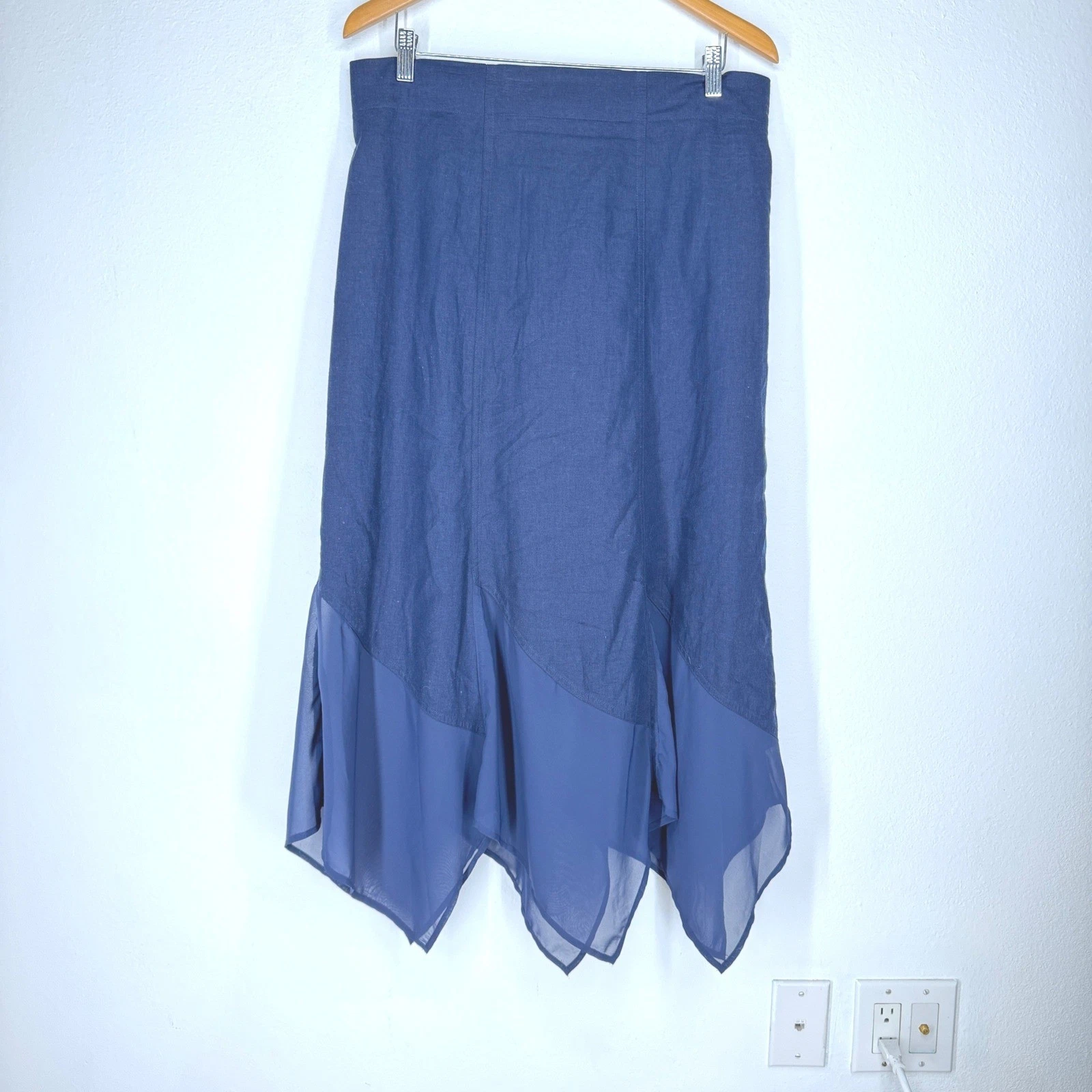 Chicos Navy Linen Handkerchief Sheer Hem Midi Skirt Large Coastal Minimalist