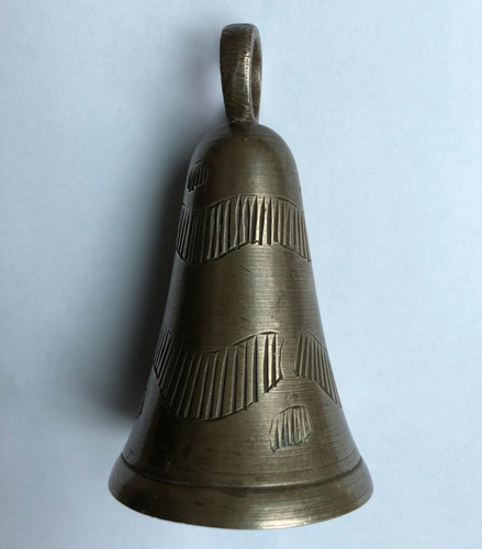 Vintage Etched Brass Tapered Bell with Clapper Marked Made in India - Picture 5 of 5
