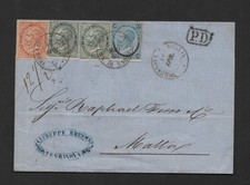 ITALY 1865 TO MALTA FOLDED LETTER FRANKED SCOTT #25, 26, 27 APRIL 16TH, 1865