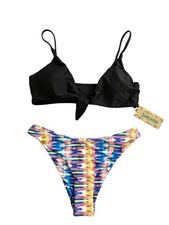 Shekini Bikini Set Black Tie Front Top Multicolor Bottoms NWT Women's L