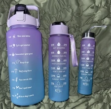 3 Motivational Sports Water Bottles 64OZ 21OZ 8OZ Purple Blue Gradient Ombré Lid