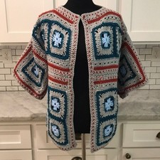 Crochet Cardigan Sweater Womens Medium Gray Blue Granny Square Handmade Bohemian