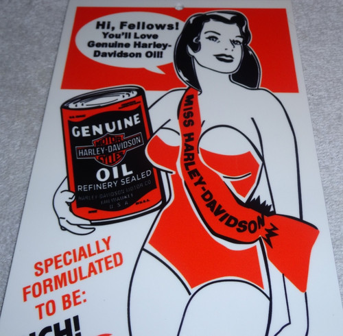 VINTAGE HARLEY DAVIDSON MOTORCYCLES WOMAN +LARGE OIL CAN 15" METAL GASOLINE SIGN
