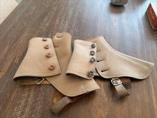 Antique Mens Gray Wool 4 Button Spats with leather Straps and Trim