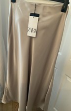 Ladies ZARA beige SATIN SLIP MIDI SKIRT  Ruched  SIZE XL BNWT