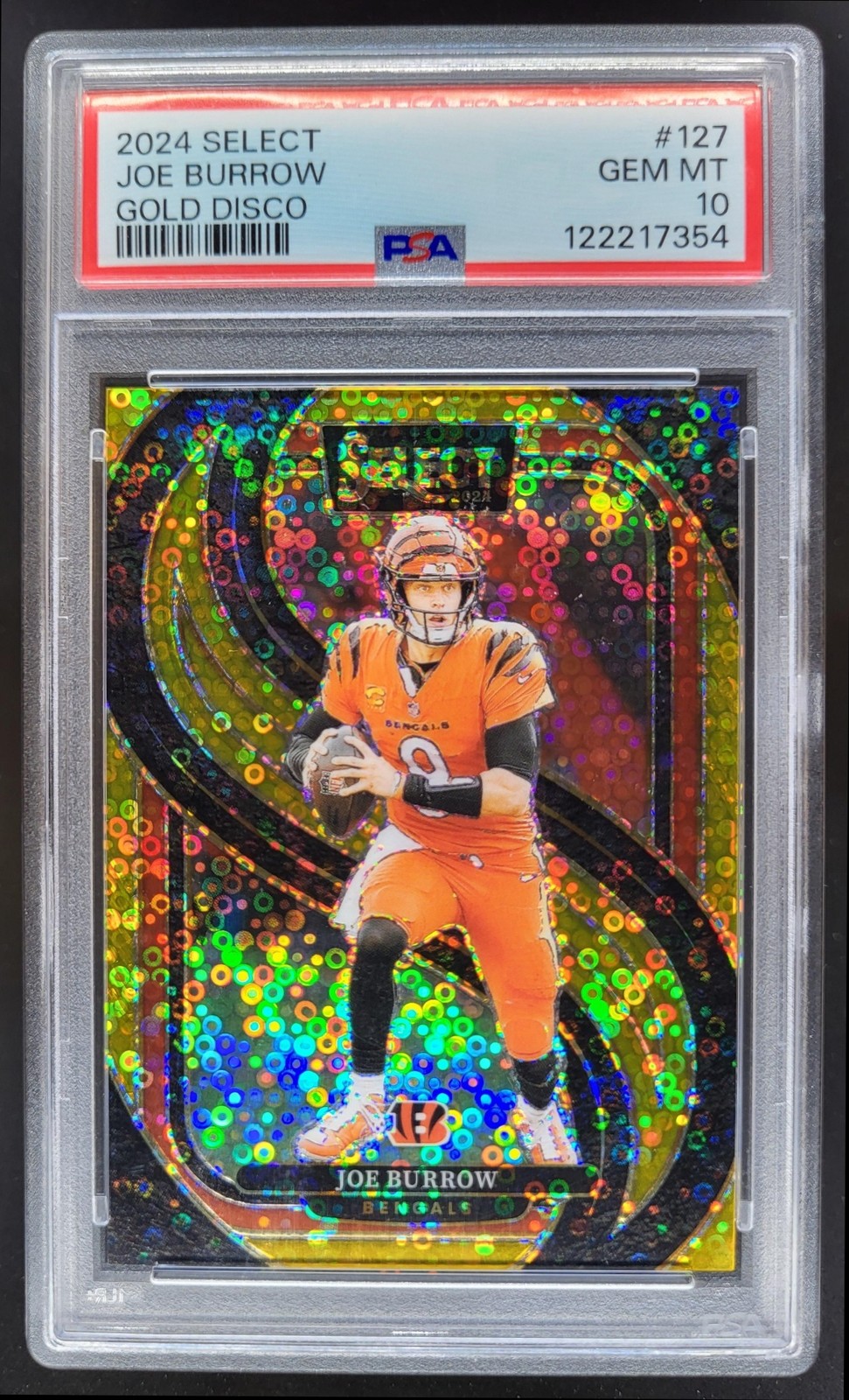 2024 Panini Select Joe Burrow Premier Gold Disco Prizm /10 PSA 10 Bengals PN view 1