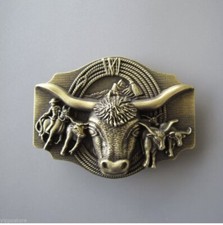 Antique Bronze Longhorn Bull Rodeo Cowboy Western Metal Belt Buckle LB01