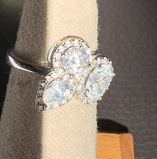 Sterling Silver Pear Oval Round CZ 3-Stone Halo Anniversary Engagement Ring 6.25