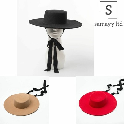 Wide Brim Felt Hat Flat Top wool Lace 