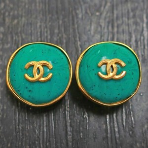 Authentic CHANEL Gold Plated CC Logos Blue Green Stone Vintage Clip Earrings #655c Rise-on
