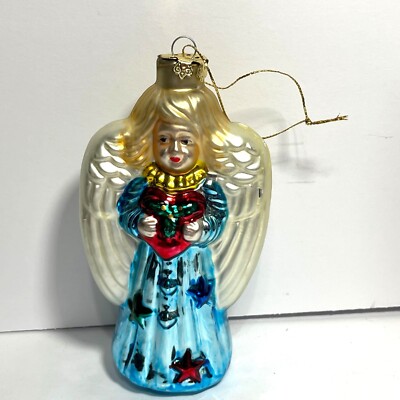 Vintage Der Grune Punkt Glass Angel Christmas Tree Ornament 6 inch