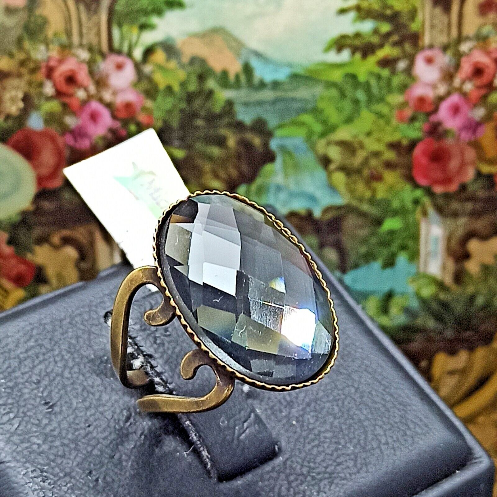 Michal Negrin Ring Oval Cocktail Gray Glass Crystal Cabochon Retro New Gift Box