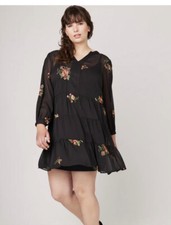 Figueroa & Flower V-Neck Boho Black Embroidered Floral Tiered Dress Plus 2X NWOT