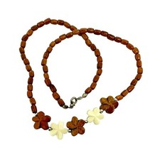 Hawaiian Jewelry Koa Wood and Bone Hawaii Plumeria Flower Koa Rice Bead Necklace