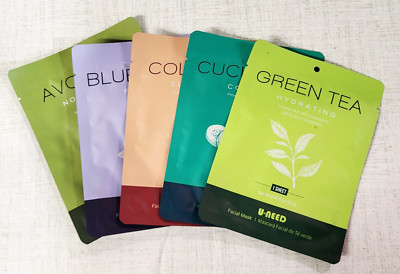 U NEED Set of 5 Facial Masks Green Tea Cucumber Collagen Blueberry Avocado NEW!!