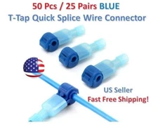 50pc Insulated 16-14 AWG T-Taps Quick Splice Wire Terminal Connectors Kit BLUE