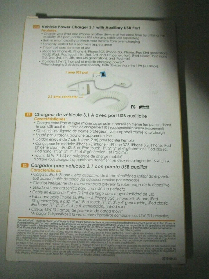 Cargador de alimentación para vehículo QMADIX 3.1 NUEVO puerto USB auxiliar 15 W 7 pies cable bobina Foto 2 de 4