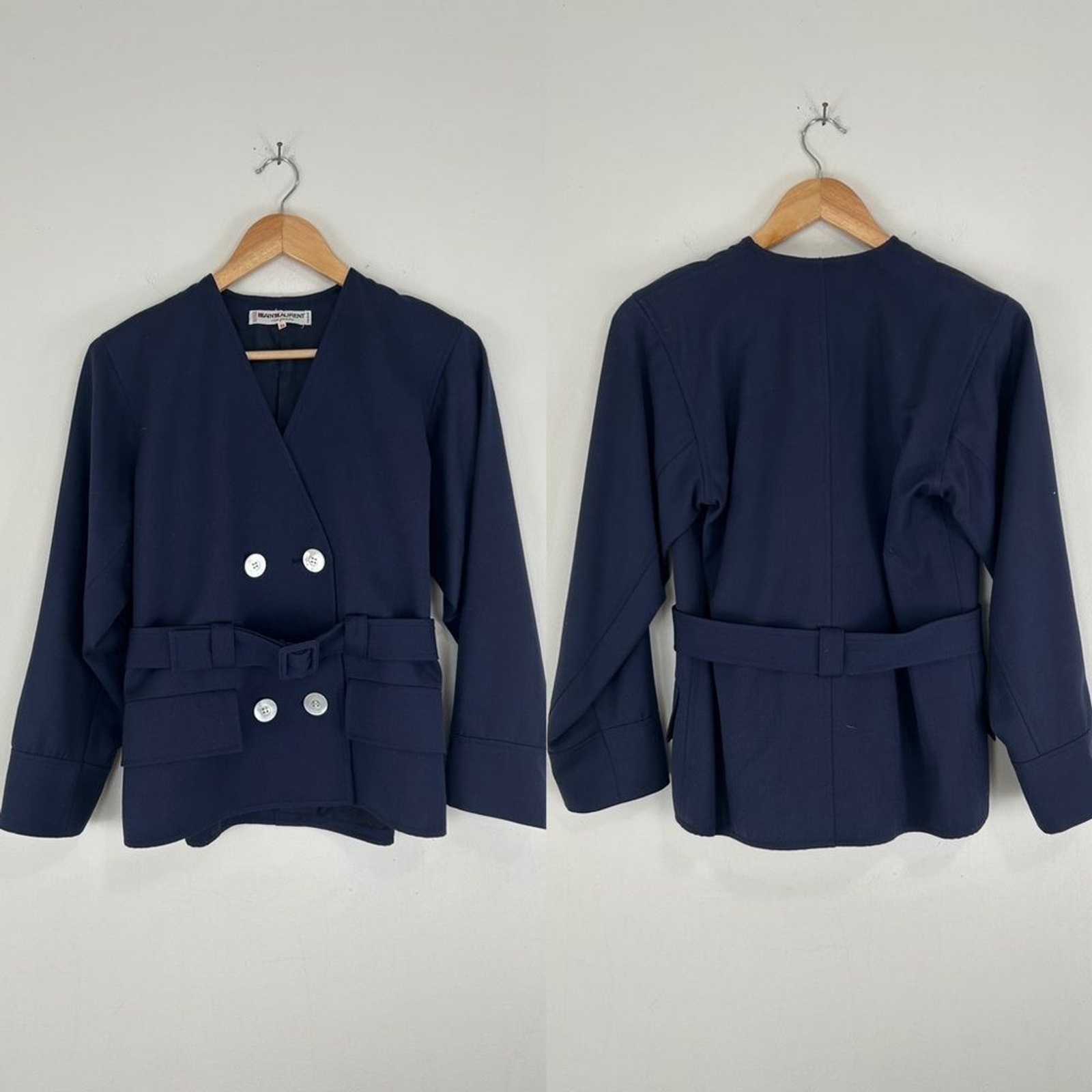 Set completo vintage Yves Saint Laurent blu navy blazer e gonna lana