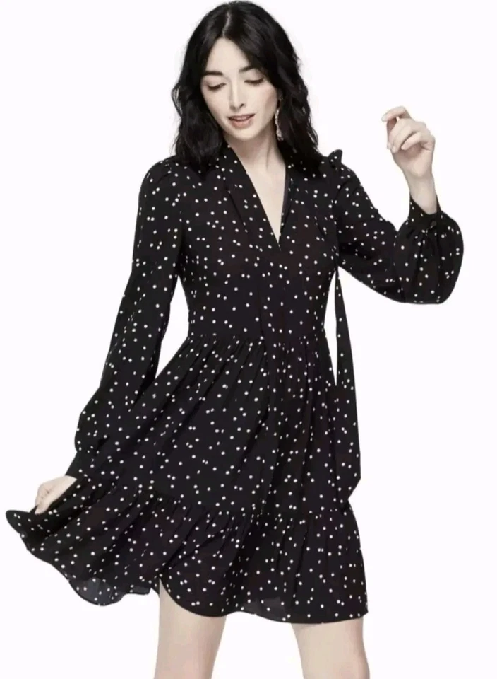 Camisa KATE SPADE Negra Lunares Lazo Volantes Ajuste N Acampanado Vestido Talla 8 Foto 3 de 4