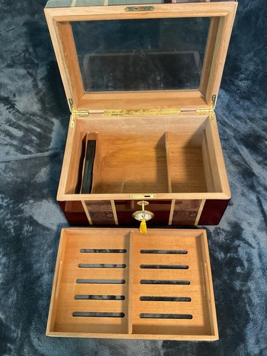 Tabletop Glass Lid Cedar Humidor 75-100 Cigar Capacity Lockable W / Hygrometer - Picture 3 of 9