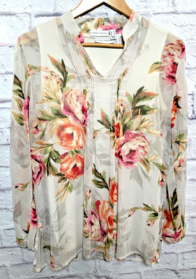 Susan Graver 2-Piece Beige Floral Pleated Lace Blouse & Tank Top Women's Size XS