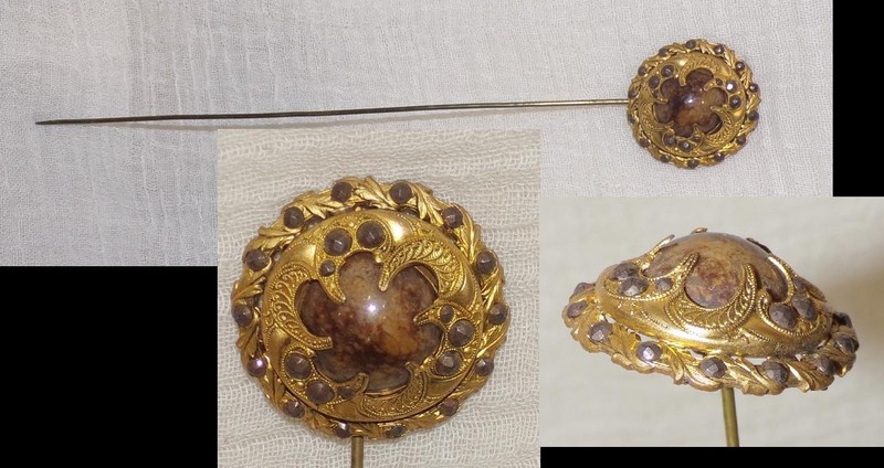 Large 10" Antique Vtg Victorian 1800s GOLD W BROWN STONES HAT PIN TILTS !
