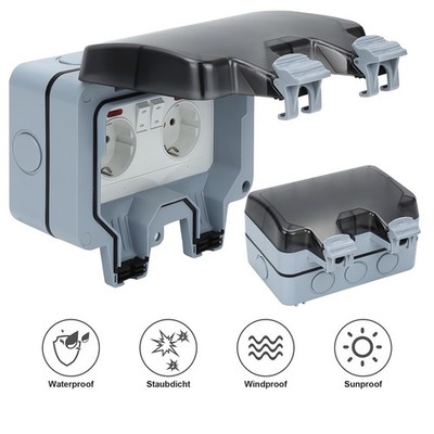 Außensteckdose Gartensteckdose Schuko IP66 2 Fach Aufputz Feuchtraum Steckdose