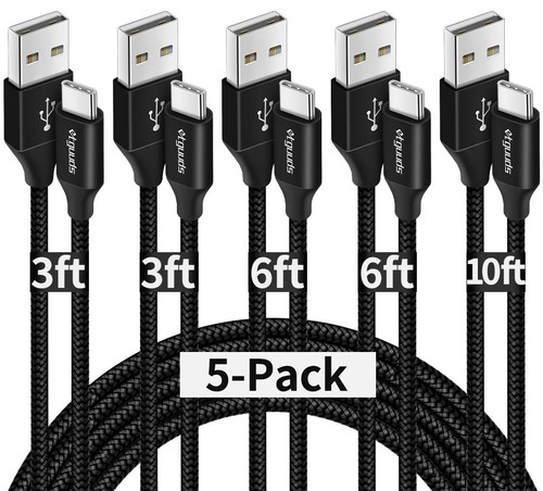 USB A to USB C Cable 5-Pack (3/3/6/6/10 ft) Fast Charging Type C Charger Cord