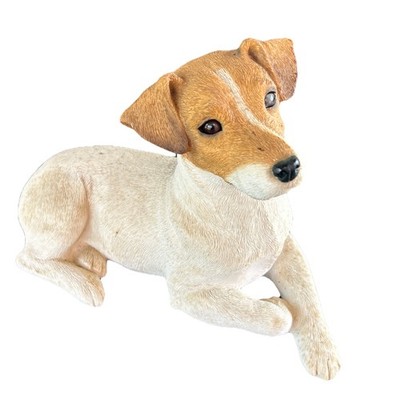 VTG Sandicast Jack Russel Terrier Statue Laying, Crossed Paw, Glass Eyes 10'' W