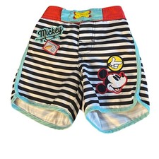 Disney Mickey Mouse retro patches black white striped swim trunk shorts SIZE 3