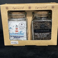 Spanish Sea Salt & black pepper  by Del Sol 2 Big Glass Jars with cork tops