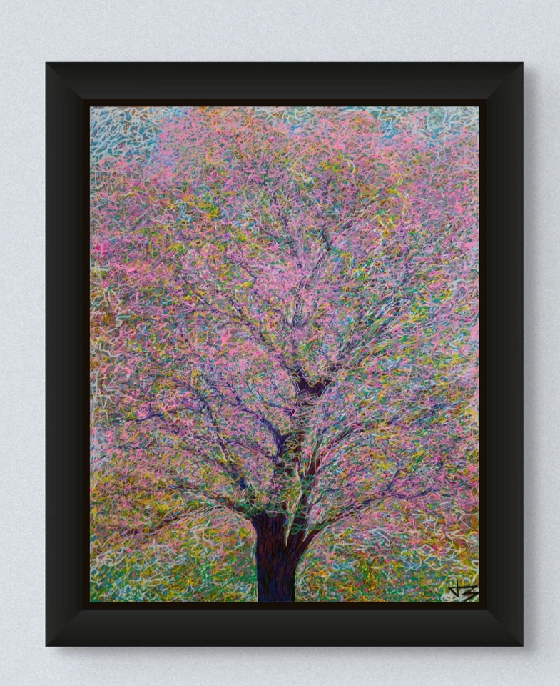 Pink Tree 16x20 Framed Original Oil Painting on Acrylic Glass Colorful Monet - Image 2 of 3