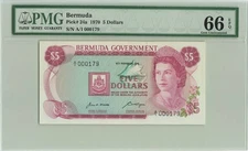 BERMUDA $5 Dollars 1970, P-24a Government, Low S/N  A/1 000179. PMG 66 EPQ UNC