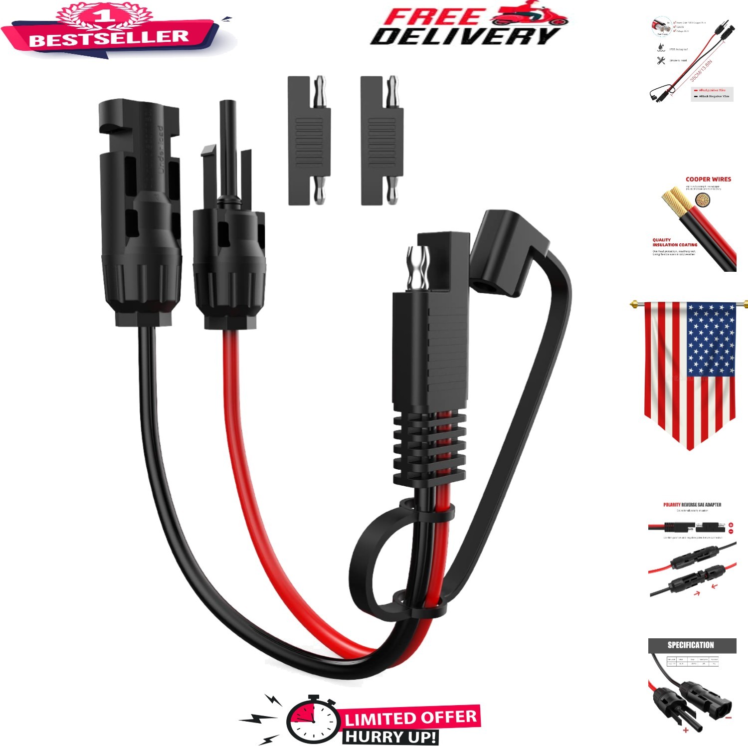 Tangle-Free 10AWG Solar Panel Extension Cable with 2 SAE Reverse Adapters. Available Now for $17.09