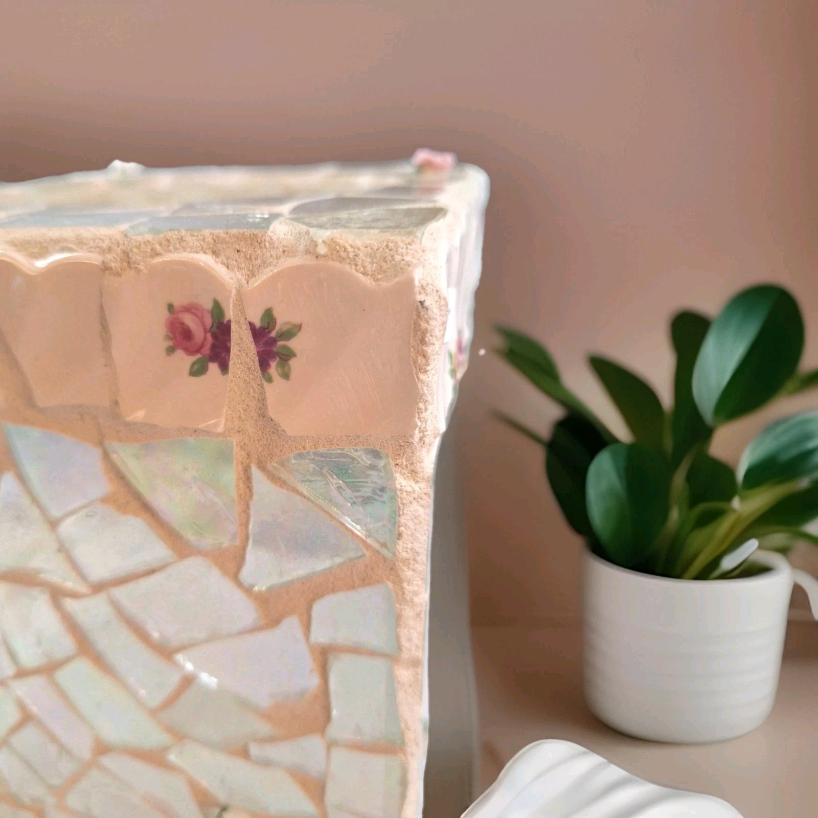 Tissue Box Holder Iridescent Mosaic Mirror With Tiny Applied Roses 6x6x6
