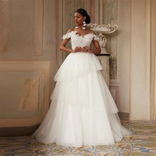 A-line Off Shoulder Wedding Dress Tulle Sleeveless Tiered Layered Bridal Gowns
