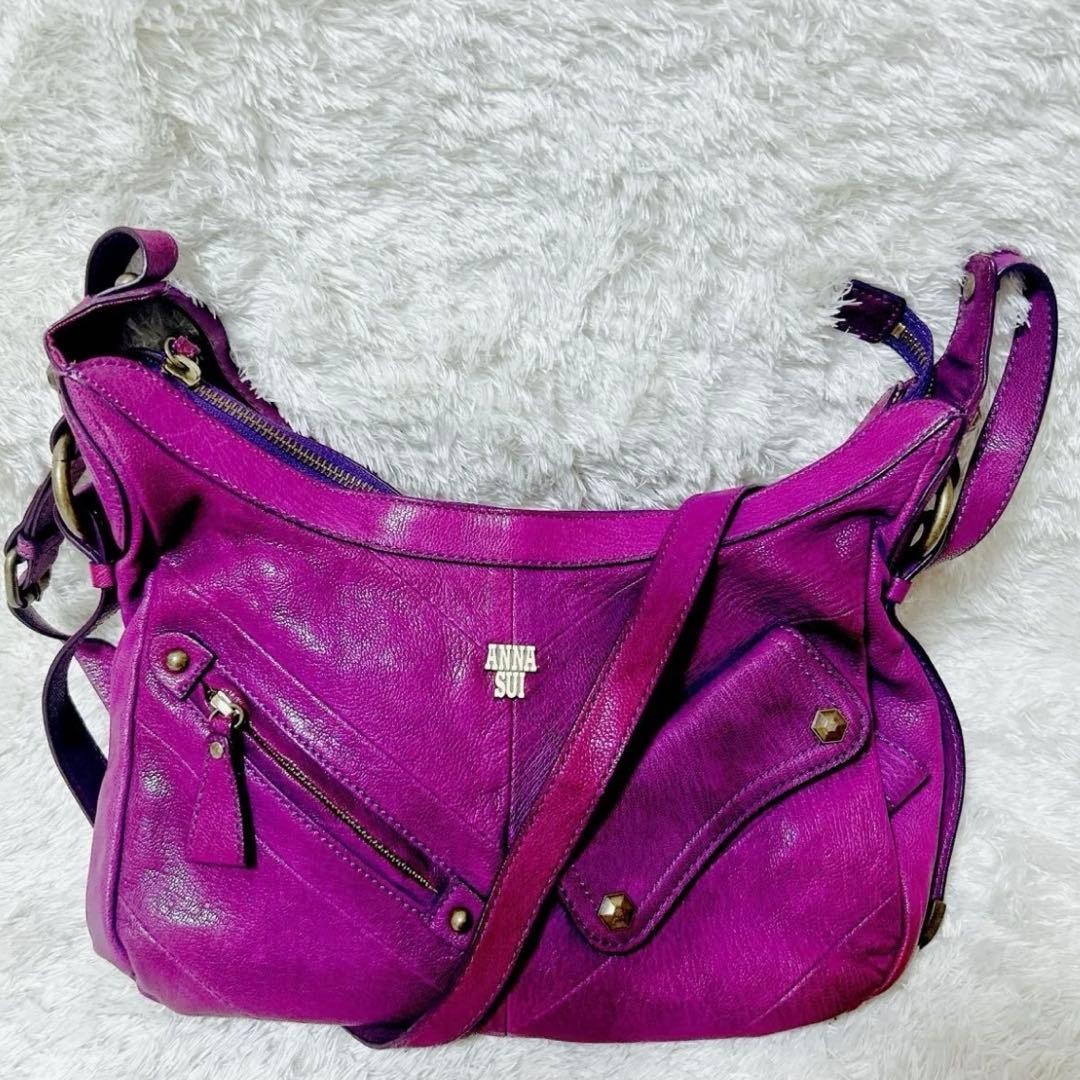 Anna Sui Purple Leather Shoulder Bag Coated Finish Butterfly Y2K 