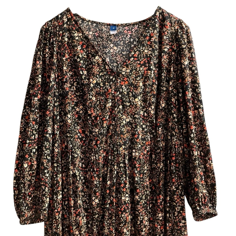 Old Navy Dress Women 2X Dark Floral Tiered Maxi Balloon Slv Cottagecore Prairie - Image 2 of 4