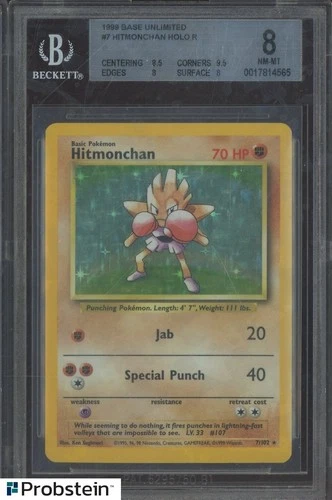 1999 Pokemon Game Base Unlimited #7 Hitmonchan Holo BGS 8 NM-MT
