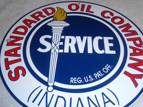 VINTAGE STANDARD OIL CO. GASOLINE SERVICE TORCH INDIANA 1' PORCELAIN METAL SIGN!