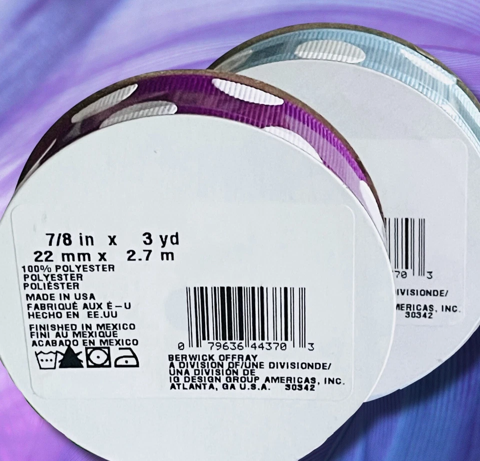 Mixed Lot of 2 Rolls of Grosgrain Polka Dot Ribbon 7/8" x 9 yds each Blue Purple - Image 3 of 4