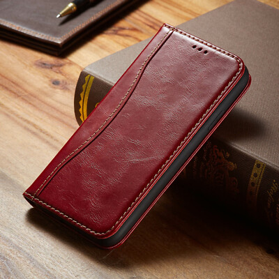 For iPhone 17 16 15 14 13 12 Pro Max Cowhide Real Leather Magnetic Wallet Case