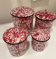 4 PC Farmhouse Red White Enamelware Splatterware Speckle Canister Set